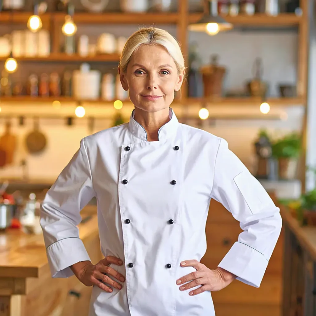 About me 3 Confident female chef in a white coat standing with hands on hips in a warmly lit kitchen